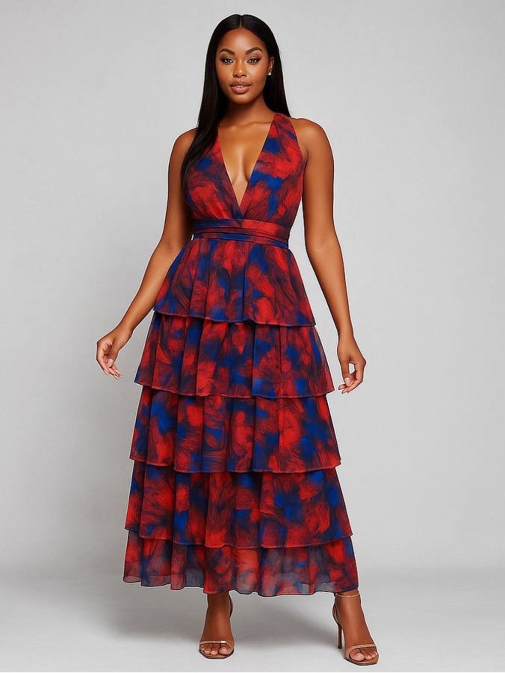 NEW Dalia MacPhee Tiered Maxi Halter Chiffon Dress Size M Women's